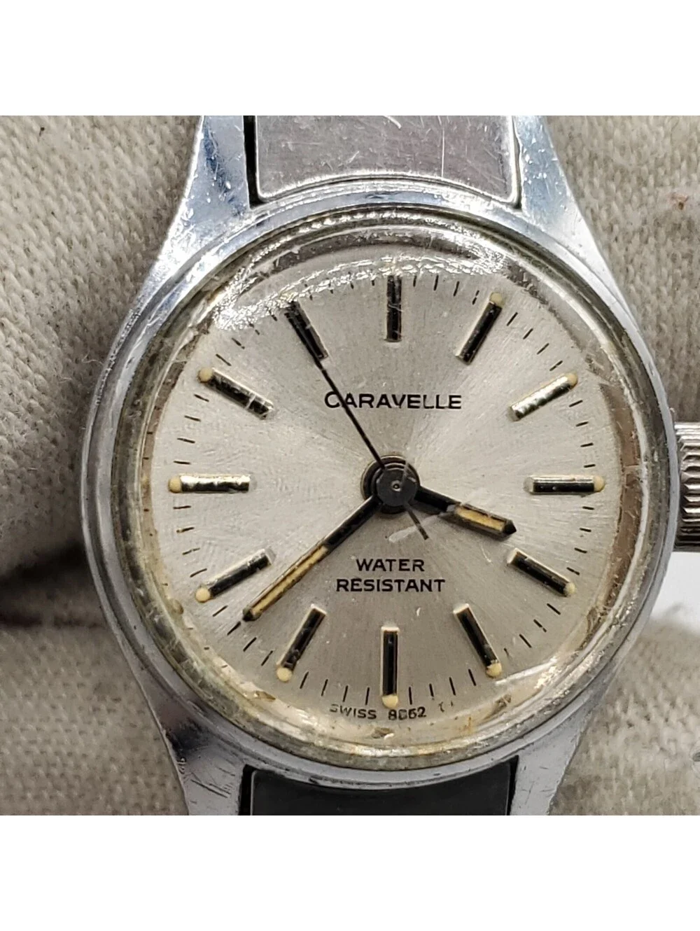 Vintage Caravelle Mechanical Womens  Watch Running Silver Tone Stretch Band 20mm